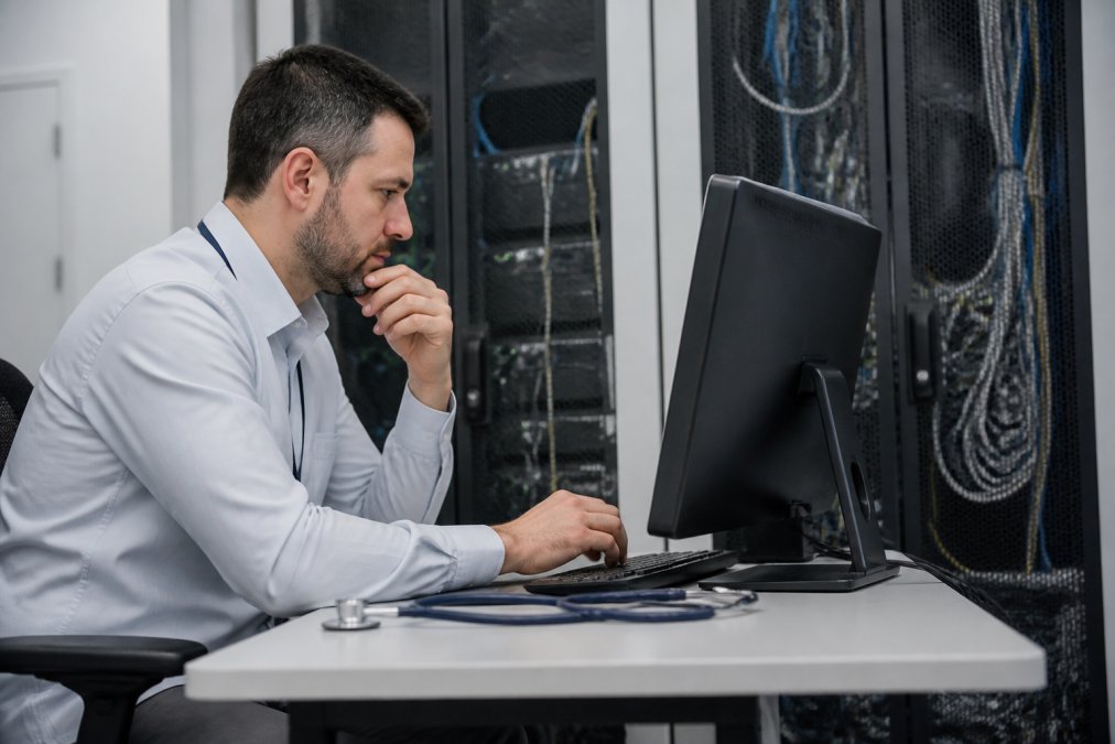 IT professional monitoring a network security dashboard in a hospital server room with a stethoscope nearby.