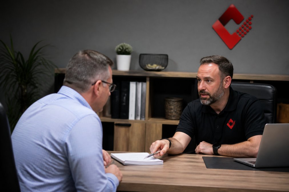 IT consultant explains a network security solutions dashboard to a client in a modern office.