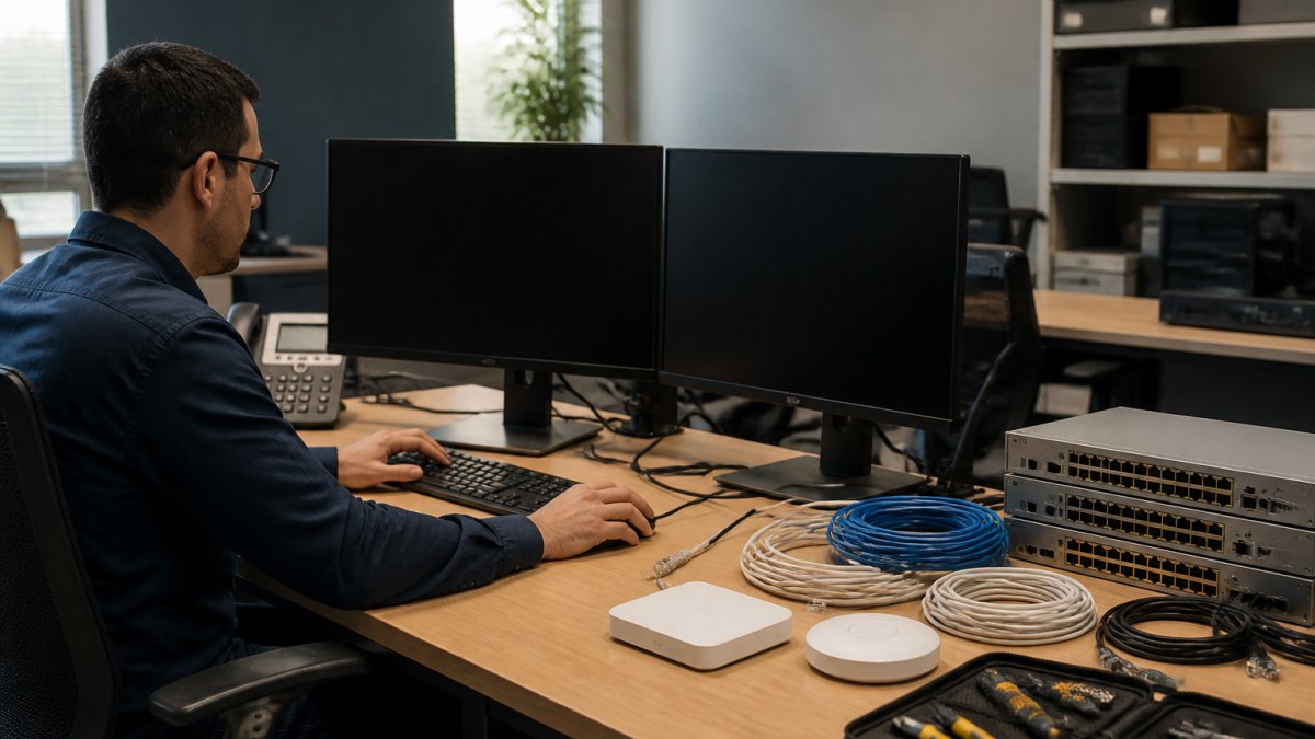 IT professional configuring network segmentation for a small business on multiple monitors in a modern office