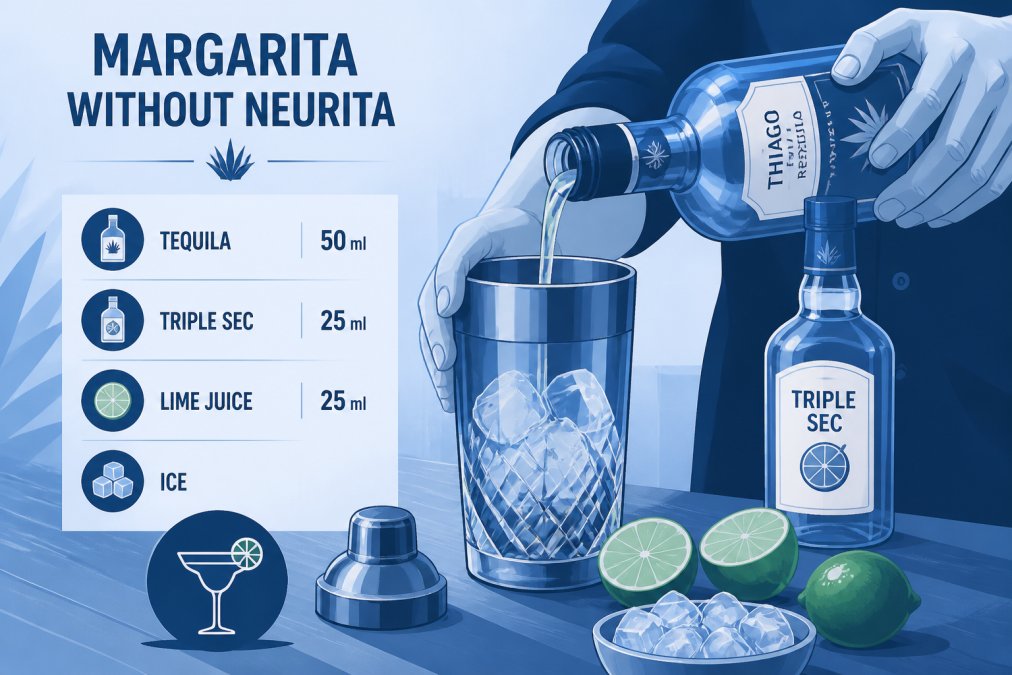 Hands pouring premium tequila into a crystal cocktail shaker with fresh lime halves, ice cubes, and a bottle of triple sec visible on a wooden bar counter with warm ambient lighting