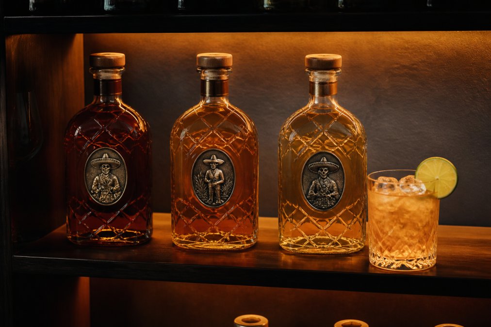 Three Thiago Tequila bottles displayed on a shelf with warm backlighting, a crystal glass filled with amber liquid and ice beside them, garnished with a fresh lime wheel