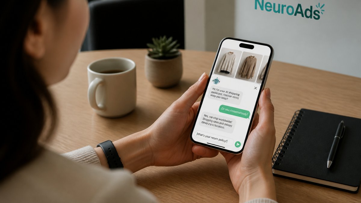 Smartphone screen displaying a Shopify storefront with an AI chatbot conversation window open, customer typing a product question while browsing inventory