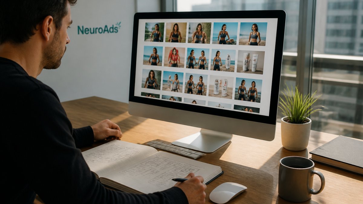 A paid media manager at a desk reviewing ad creative variants on a large monitor, with a notebook of annotated layout sketches beside the keyboard, soft afternoon light