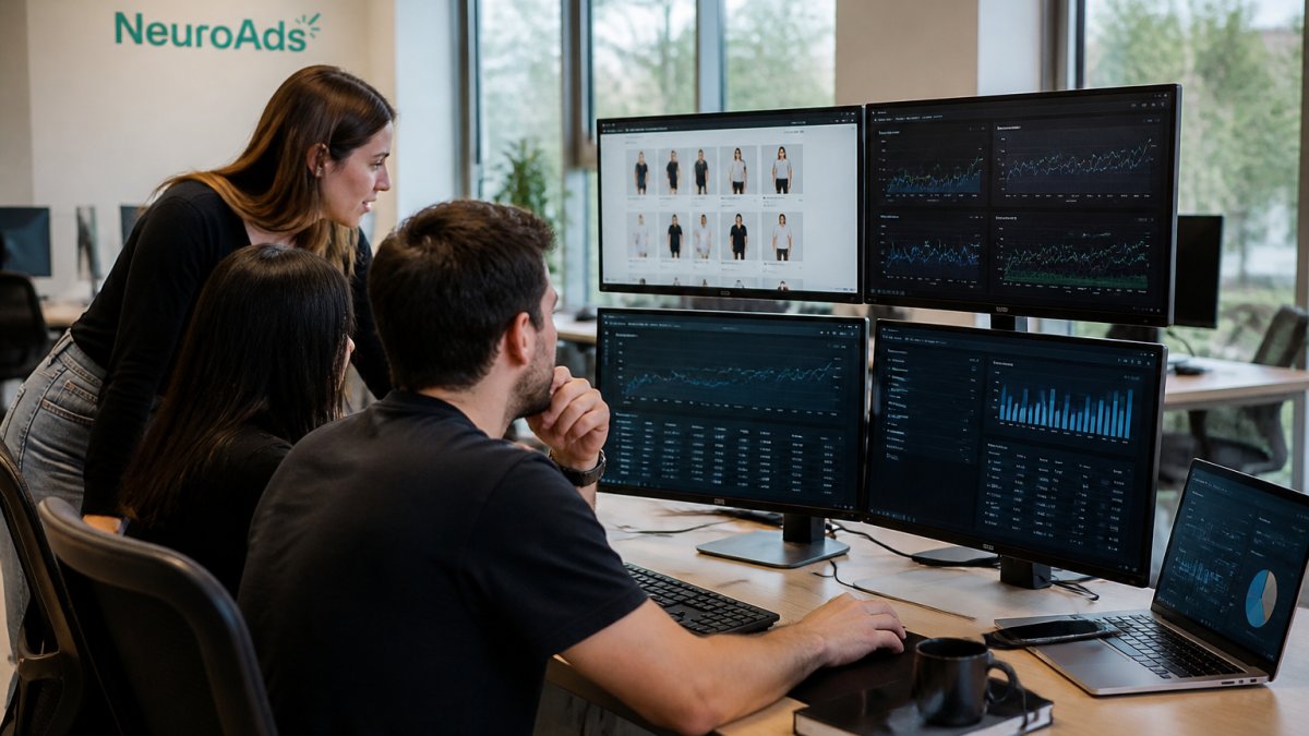 E-commerce team reviewing campaign performance metrics on multiple monitors displaying NeuroAds AI optimization dashboards and ad creative in modern office with natural lighting