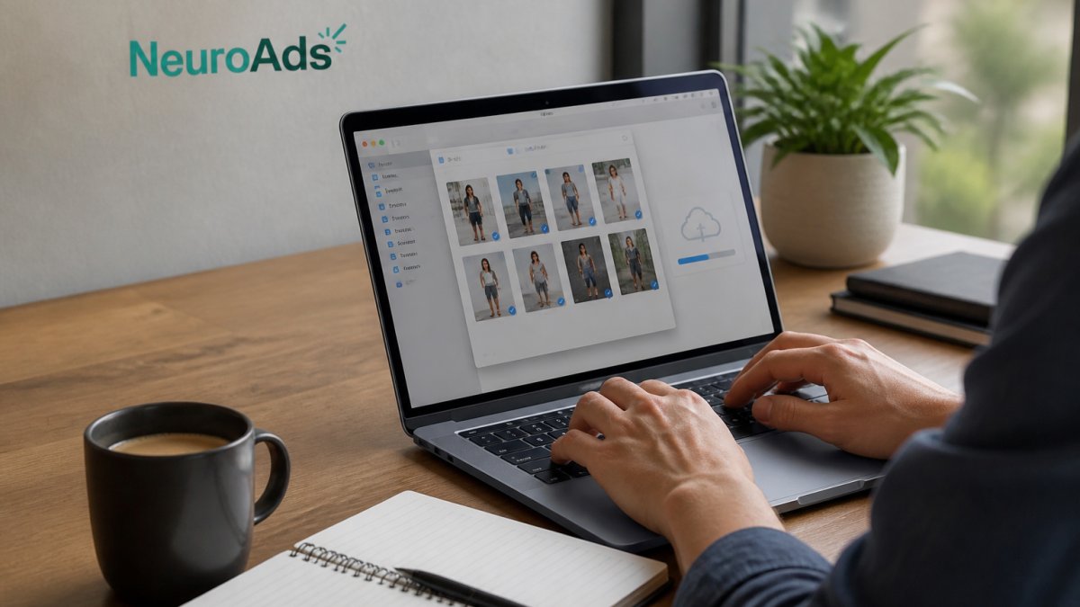Professional marketer's hands uploading multiple ad creative files on a laptop screen, with coffee and notepad visible on the desk