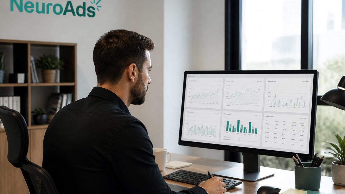 Professional marketer analyzing campaign performance dashboards on desktop monitor in modern office, multiple analytics tabs open with real-time conversion data visible