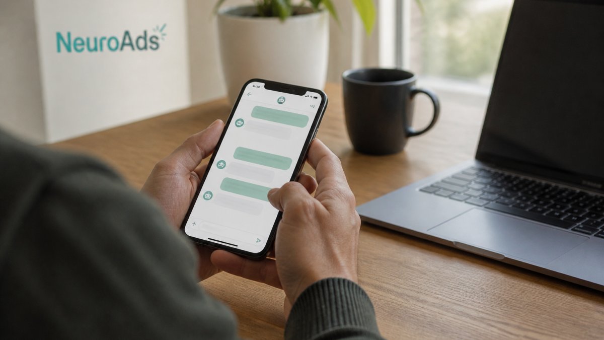 Shopper using an AI chatbot on a smartphone, supported by the NeuroAds growth platform, at a desk with coffee.