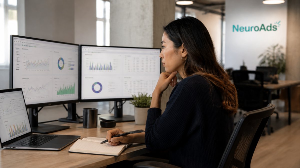 Marketing professional reviewing campaign performance on multiple monitors in a modern office workspace, analyzing real-time metrics and AI optimization recommendations