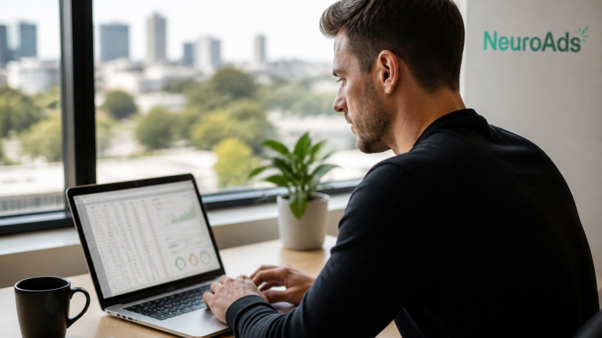 Paid media manager reviewing real-time campaign performance metrics on a laptop screen in bright office environment with coffee and notepad on desk