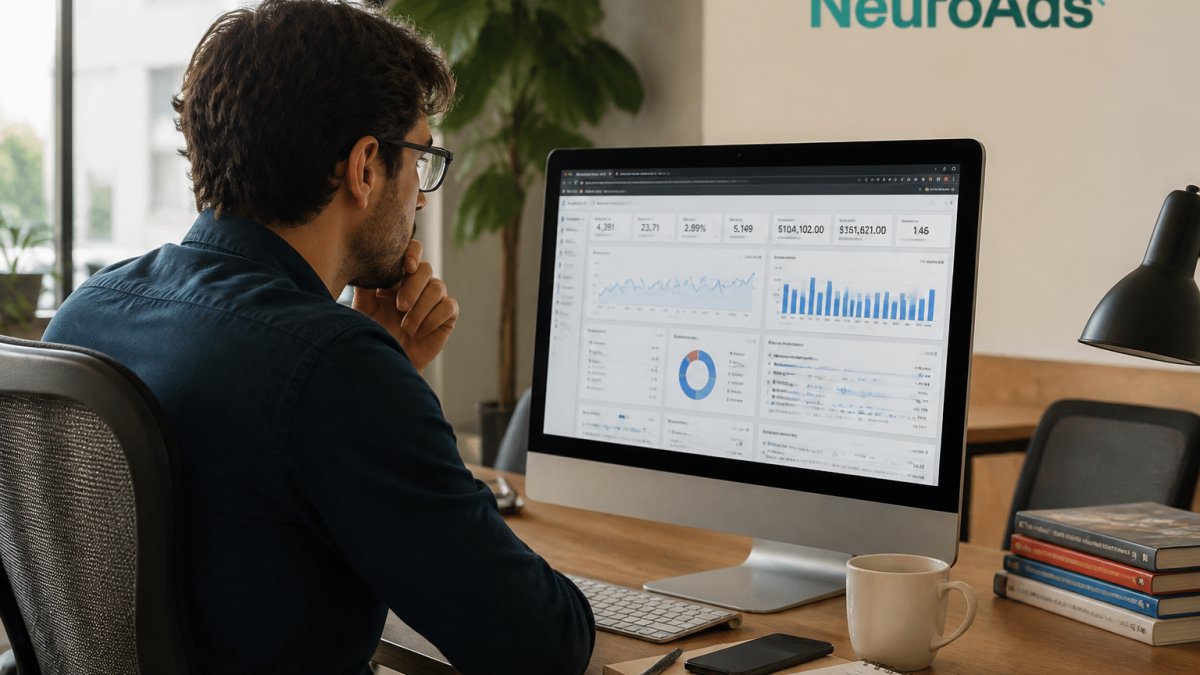 E-commerce business owner reviewing performance metrics on a desktop monitor displaying analytics dashboards with multiple browser tabs and conversion data visible in modern office setting