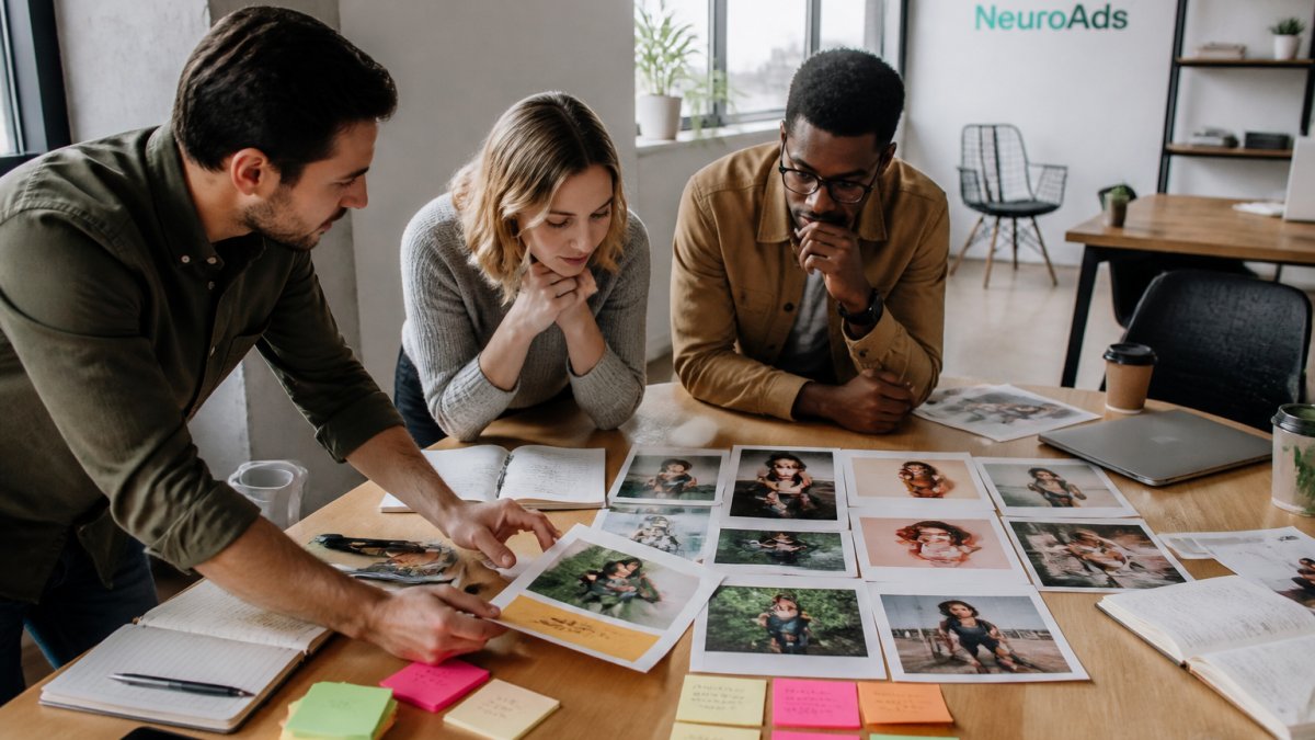Marketing team reviewing multiple influencer ad creative variations displayed on desktop monitor in bright modern office, with performance metrics and sticky notes visible on desk