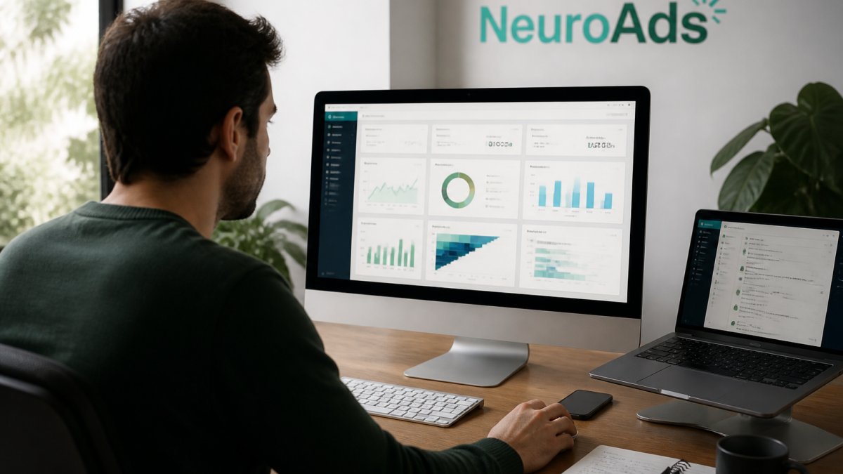 E-commerce marketing manager reviewing AI-optimized campaign analytics on desktop monitor displaying performance dashboards with real-time ROAS metrics