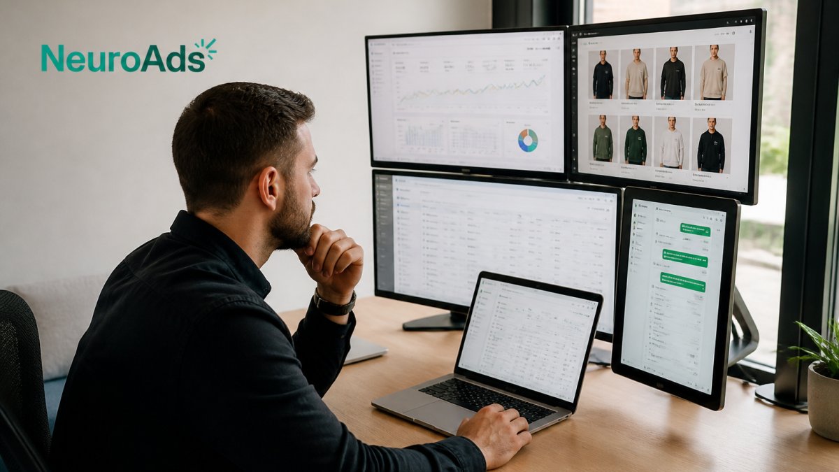 Marketing manager at desk reviewing multiple screens showing ad dashboards, analytics, and Shopify store metrics simultaneously with focused concentration