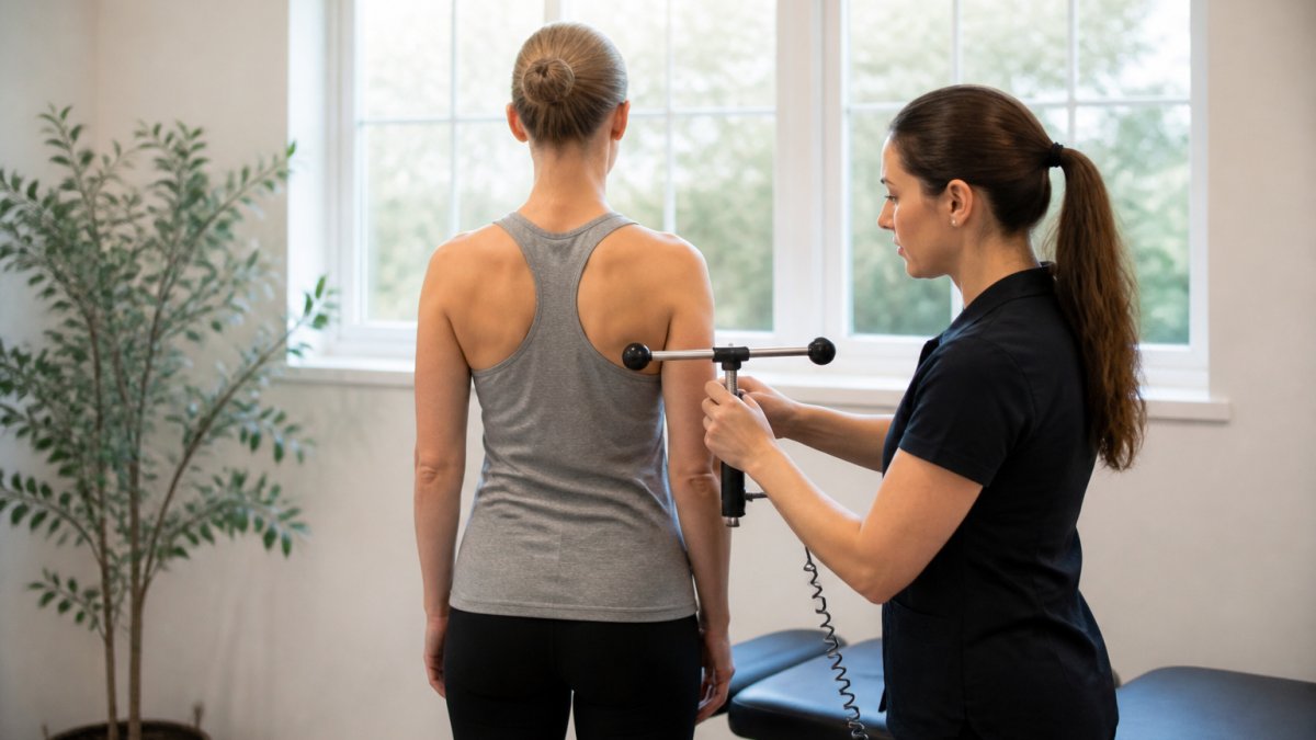 Professional chiropractor using advanced posture analysis and scanning technology during patient assessment in modern clinical setting with natural lighting