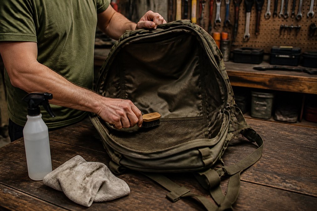 Person using a soft brush to clean the interior of one of their tactical gear bags on a workbench.