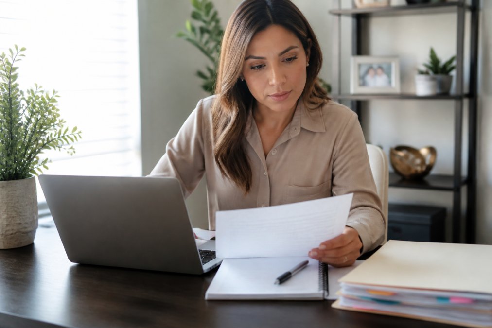 Business owner reviewing Nevada business formation paperwork on a laptop in a bright home office.
