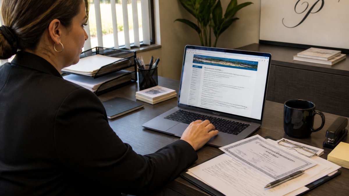 Professional working at a desk using a laptop to access a government website, with registration documents and a cup of coffee nearby, showing a focused and organized workspace