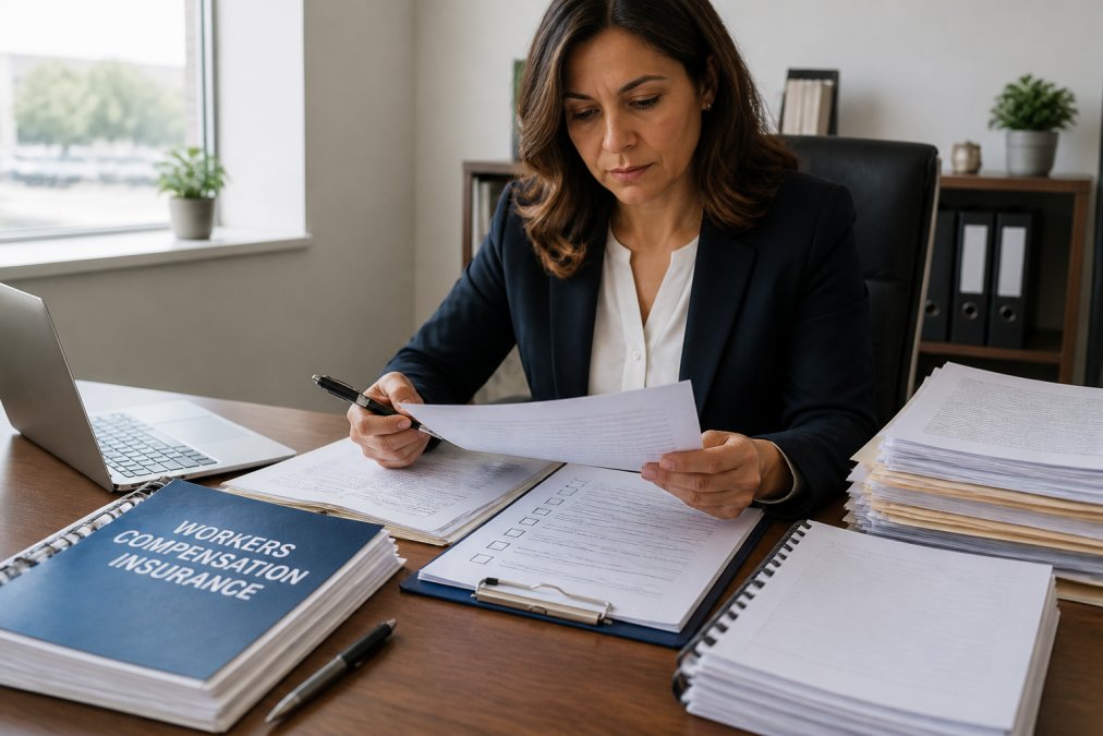 Business owner reviewing compliance documents and workers' compensation insurance materials at a desk with a checklist and calendar visible