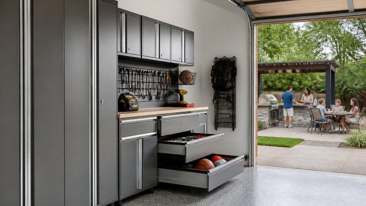 Infographic showing key organizational features of modular steel garage storage cabinet systems