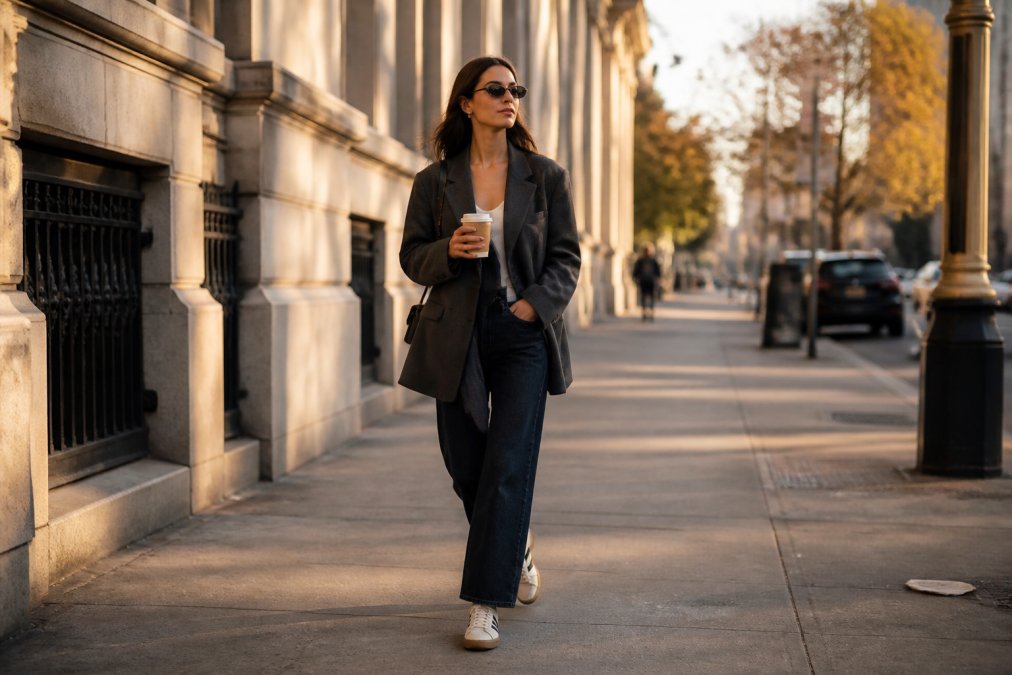 A stylish woman in her late 20s wearing an oversized blazer, straight-leg dark-wash denim, and ballet sneakers, walking confidently on a city street with a coffee in hand, golden hour lighting