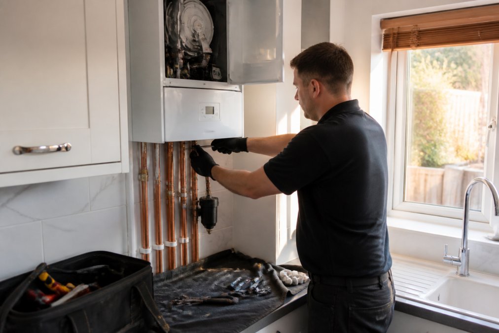 Professional Gas Safe registered engineer installing a modern condensing boiler in a residential kitchen, with copper pipework, tools, and safety equipment visible on the counter