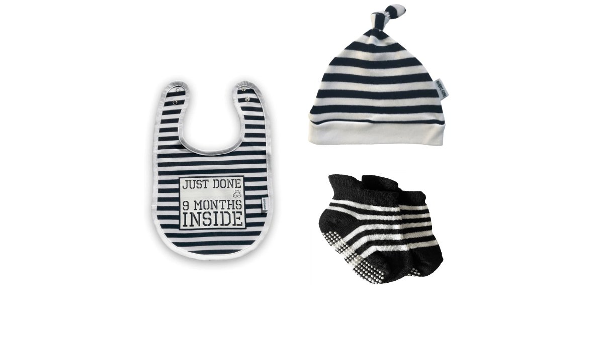 New Born Baby Essentials Gift Set Baby Hat, Bib and Socks Just Done 9 Months Inside Funny Baby Gift