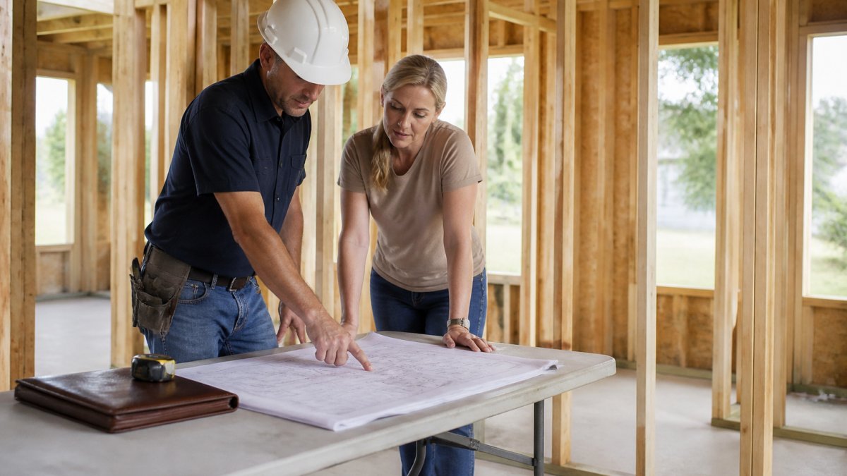 Diagram showing construction management steps for homeowners reviewing blueprints and project schedules