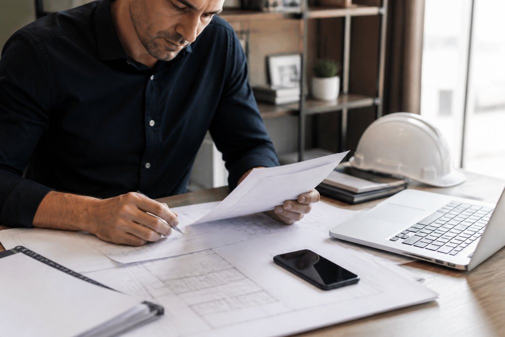 Real estate developer reviewing loan documents and construction plans at a desk with a laptop and smartphone showing financing options, natural office lighting