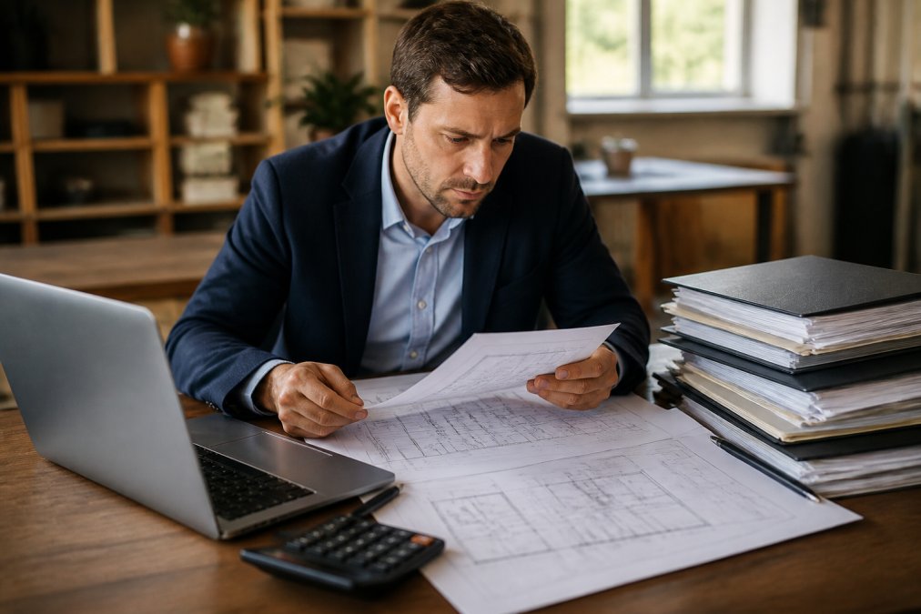 Real estate developer reviewing project documents for new build financing developer loans at a wooden desk