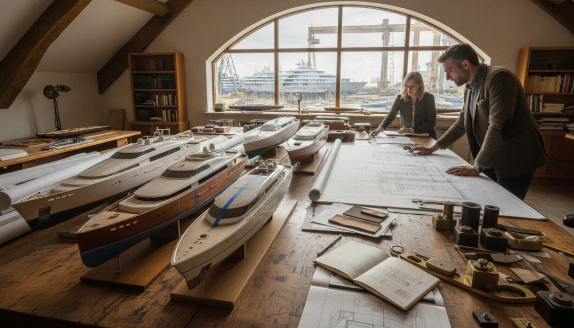 Naval architects reviewing 3D renderings and technical drawings on large monitors in a modern yacht design studio, with physical scale models of vessel hulls on the desk under bright overhead lighting