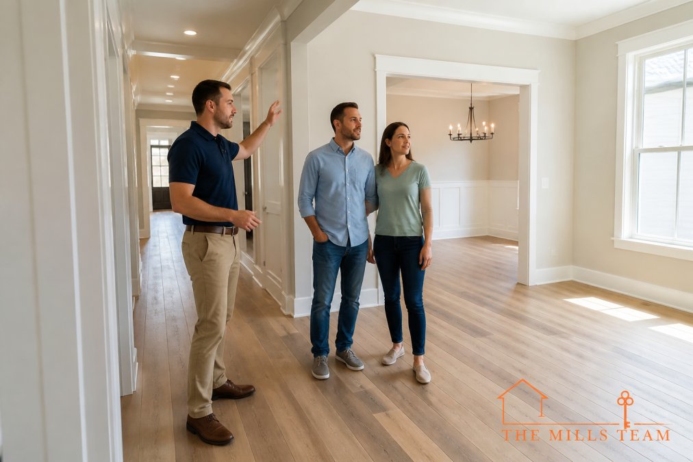 Couple walking through new construction home interior with builder or real estate agent, examining walls, flooring, and layout details in bright natural light