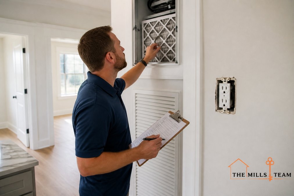 Home inspector or buyer examining HVAC system, electrical outlets, and structural elements with clipboard and checklist in hand, bright interior lighting