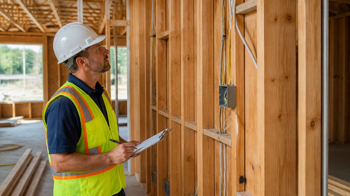 A home inspector in a hard hat and safety vest examining exposed wall framing and electrical rough-in inside a partially built house, clipboard in hand, natural light through unfinished windows