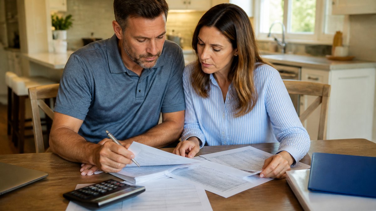 A couple at a kitchen table reviewing a closing cost worksheet and loan estimate documents with a pen and calculator beside them