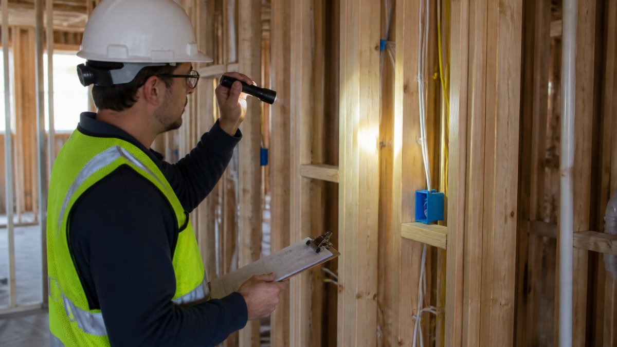 A home inspector in a hard hat and safety vest shining a flashlight on exposed wall framing and electrical wiring inside an unfinished new-construction house, clipboard in hand
