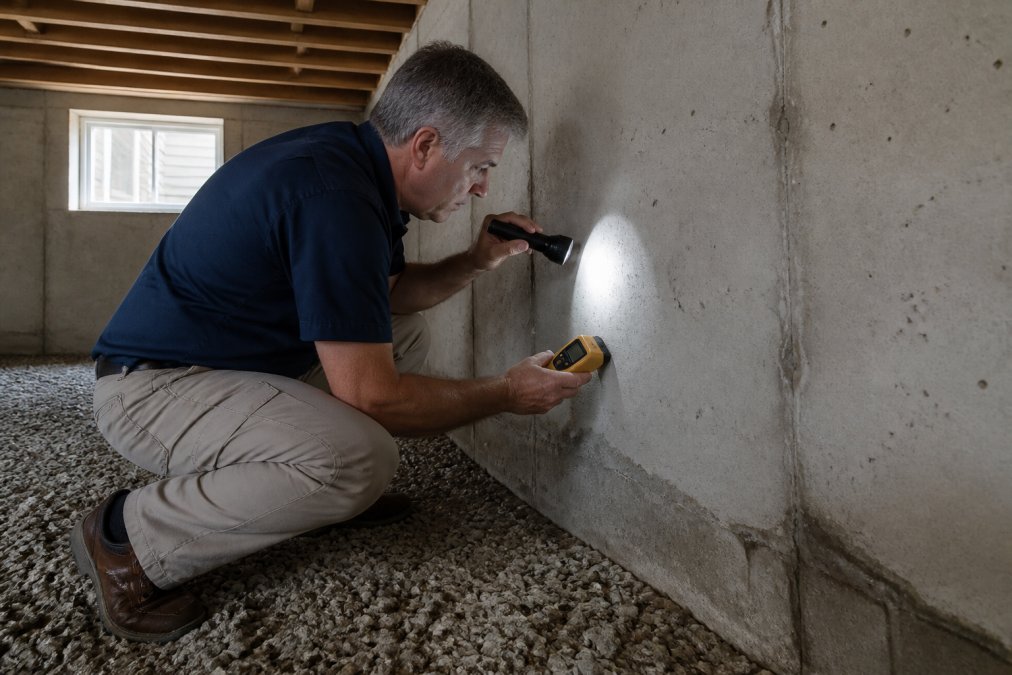 Professional home inspector examining foundation concrete with moisture meter and flashlight, checking for cracks and water damage signs in basement area with natural daylight