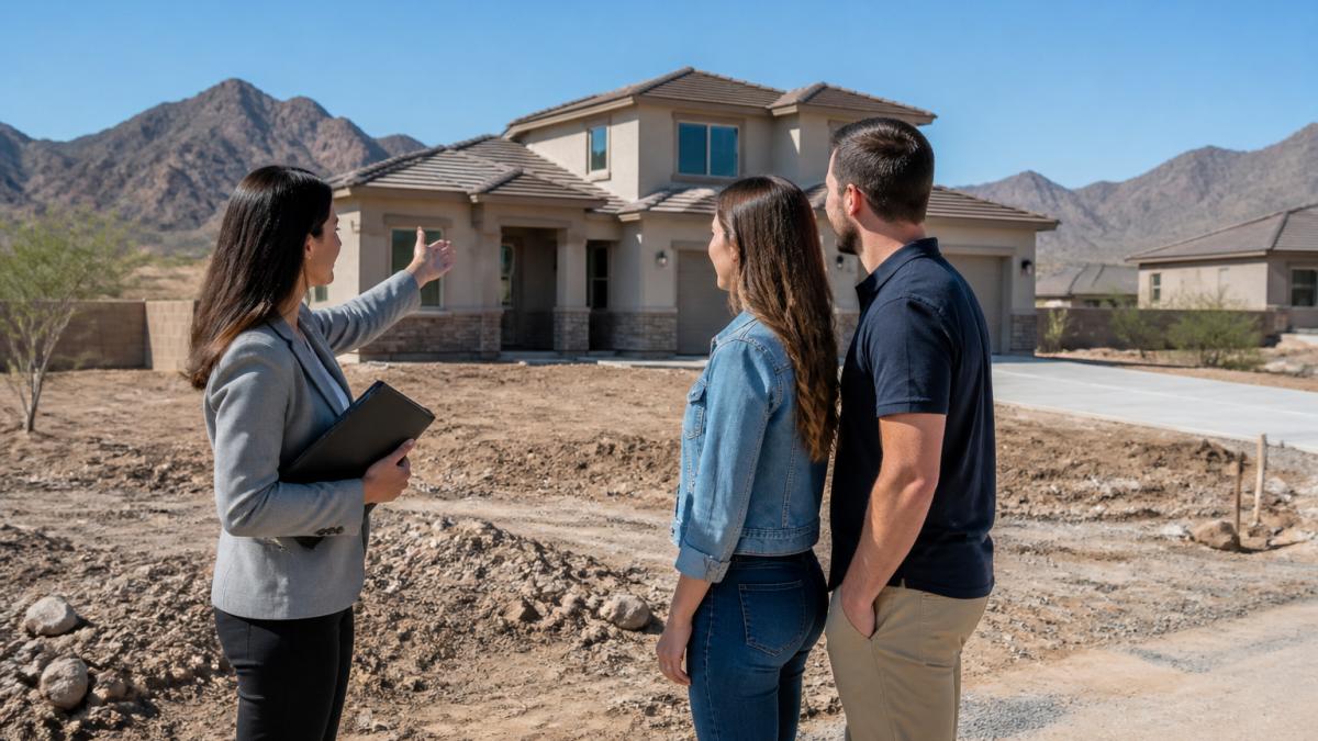 Real estate agent showing new construction homes to a couple in a desert community with mountain views