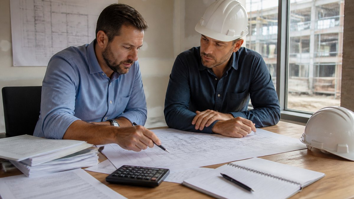 A real estate investor and a builder reviewing blueprints and cost documents spread across a table inside a construction site office, afternoon light through the window