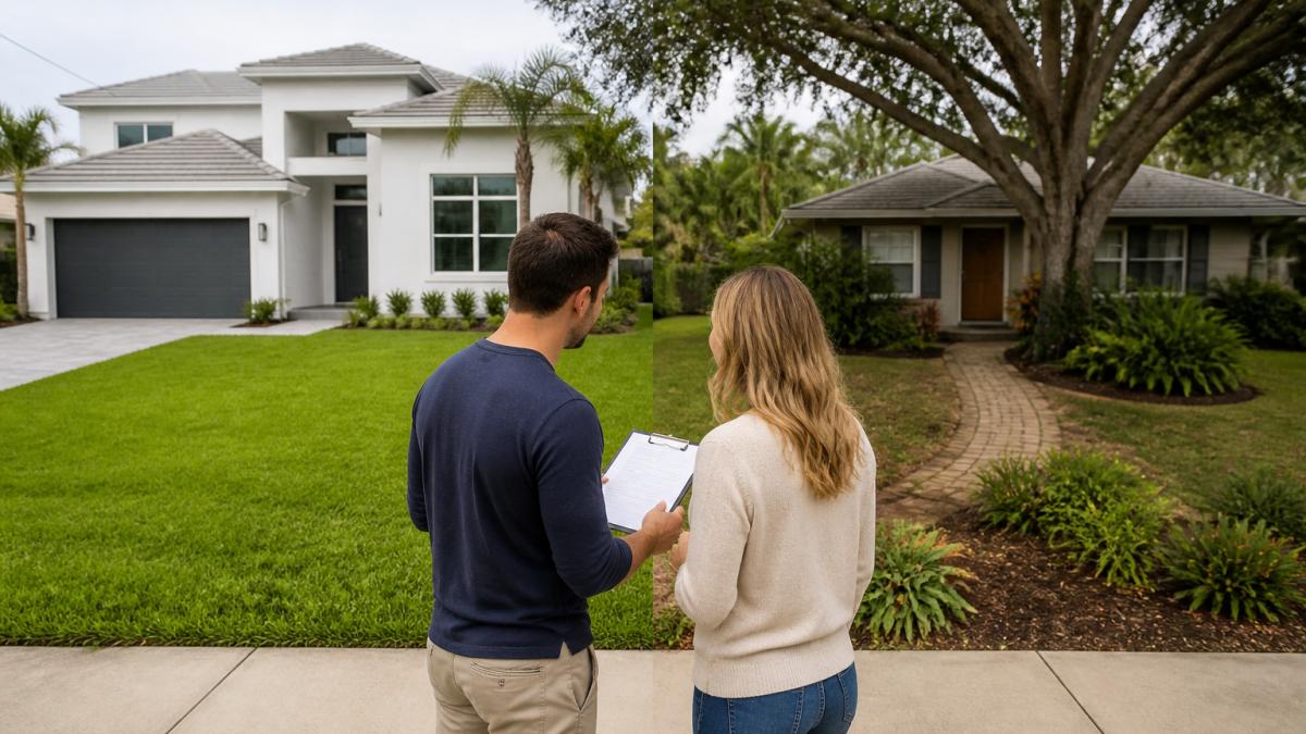 Infographic comparing new construction vs existing homes in SWFL via a couple evaluating property features