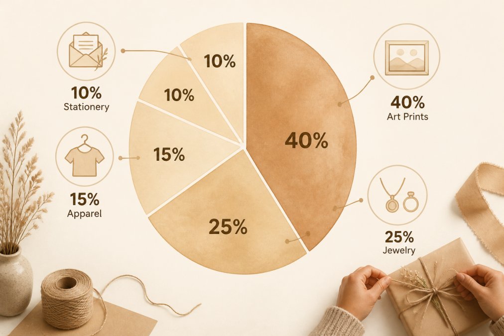 Watercolor-style pie chart showing the breakdown of gift categories at Genny: Art Prints 40%, Jewelry 25%, Apparel 15%, Stationery 10%, Other 10%