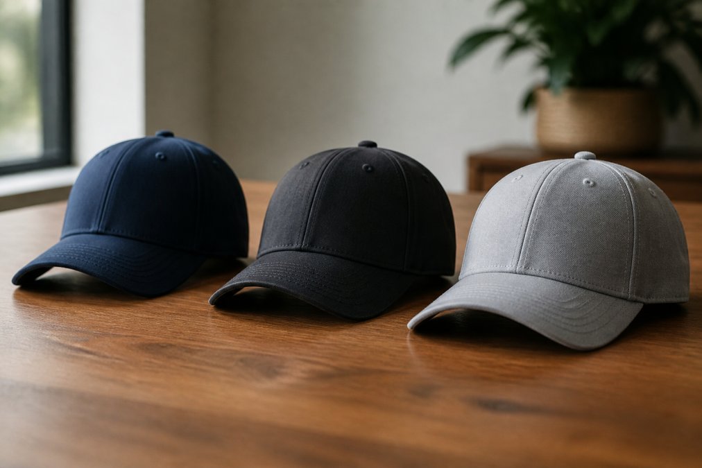 Comparison diagram of fit, fabric, and features for three professional caps arranged on a wooden table.