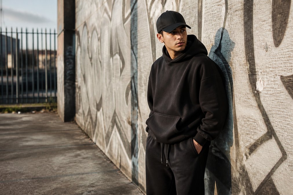 A young man in an urban setting wearing a black streetwear cap, styled with an oversized hoodie and joggers, standing against a graffiti wall in soft afternoon light