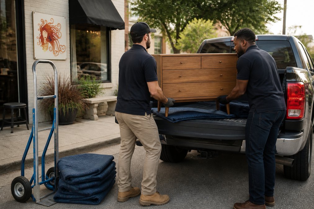 Two people loading a mid-century modern consignment furniture dresser into a pickup truck with moving blankets.