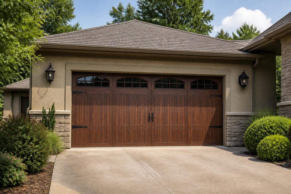 A residential home exterior showcasing a freshly installed carriage house style steel garage door with decorative hardware, clean driveway, and well-maintained landscaping in afternoon sunlight