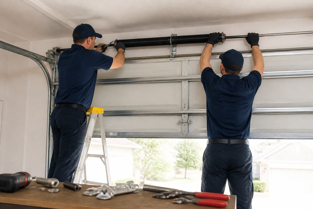 Two professional garage door installers in work uniforms adjusting torsion spring hardware on a new residential garage door, tools visible on a clean workbench in a bright residential garage