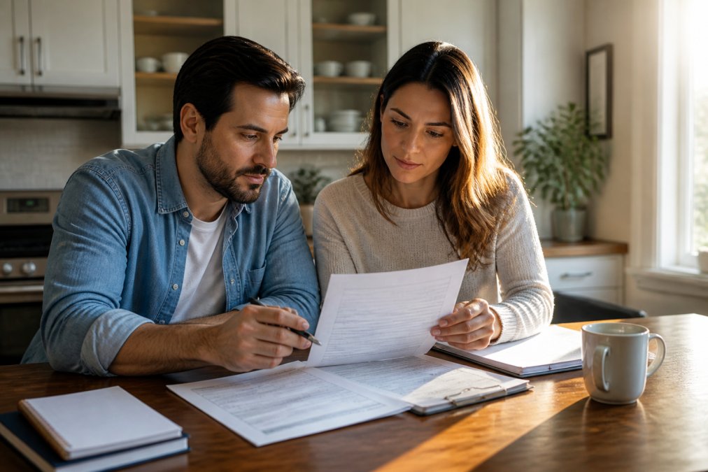 A first-time homebuyer couple sitting at a kitchen table with a laptop, reviewing insurance documents and a mortgage closing checklist under warm morning light