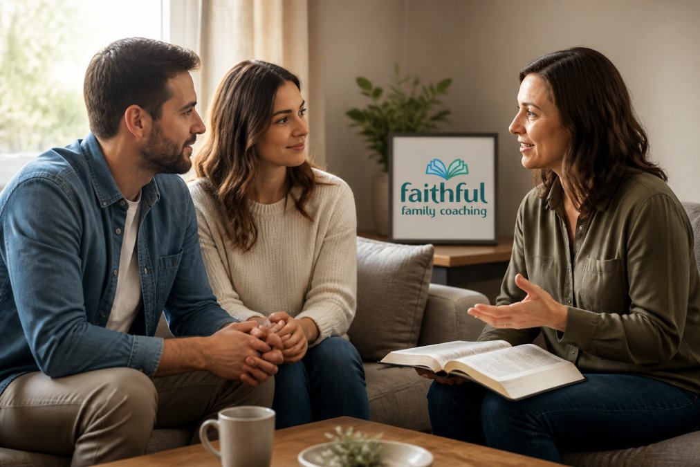 A Christian couple sitting on a couch at home, holding hands and talking with a coach who has an open Bible on their lap, warm natural light streaming through a living room window