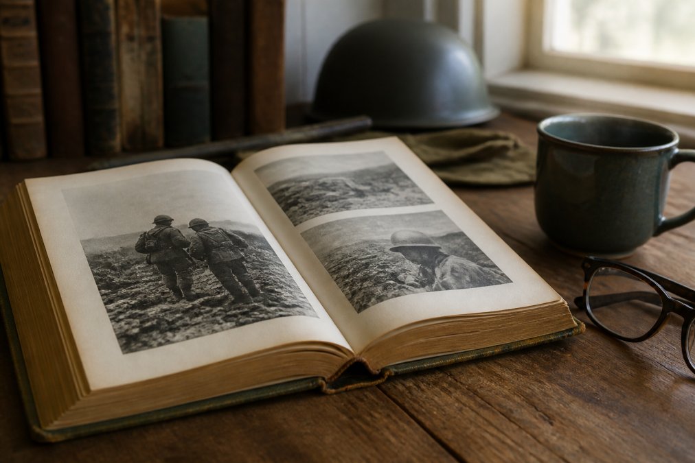 A close-up of a weathered hardcover military memoir open on a wooden desk, with a pair of reading glasses and a cup of coffee nearby, warm natural light from a window