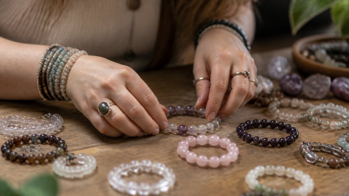 Close-up of artisan hands arranging handcrafted crystal bracelets and jewelry pieces on a wooden surface, showing intricate detail and care in handmade craftsmanship