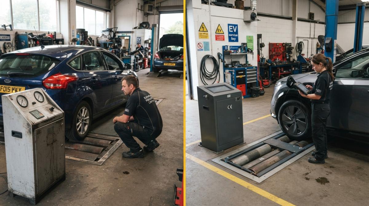 Close-up of modern MOT testing equipment including certified jacking beams and hydraulic lifting apparatus in a professional garage setting with bright overhead lighting